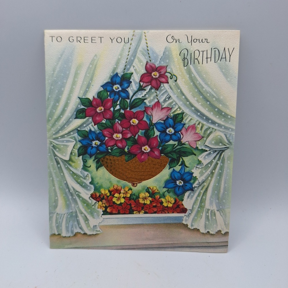 Vintage Hallmark Birthday‎ Card Flowers Window Curtains Sentimental Greeting
